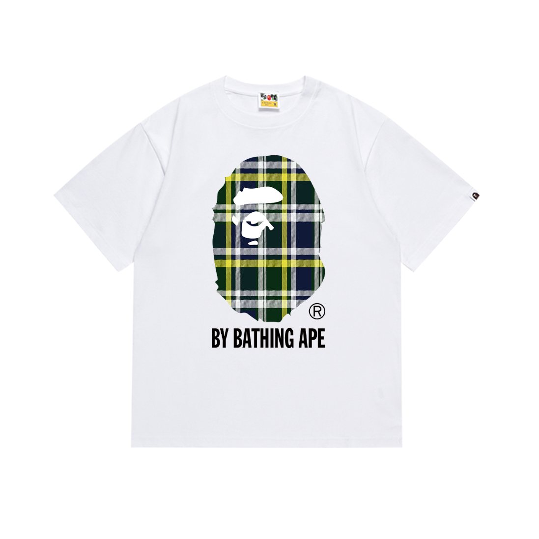BAPE Green/Yellow Plaid Ape Head Graphic T-Shirt ¡ª front