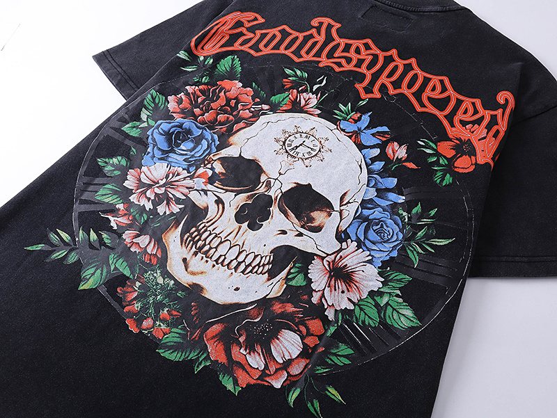 Godspeed Washed Black Skull Floral Graphic T-Shirt ¡ª detail