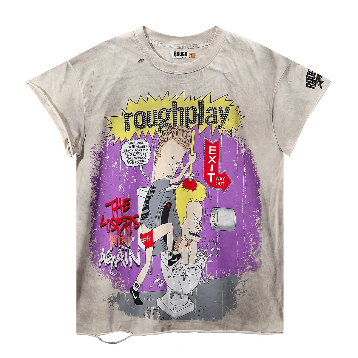 Rough Play Rhinestone Cartoon Graphic Distressed T-Shirt ¡ª hero