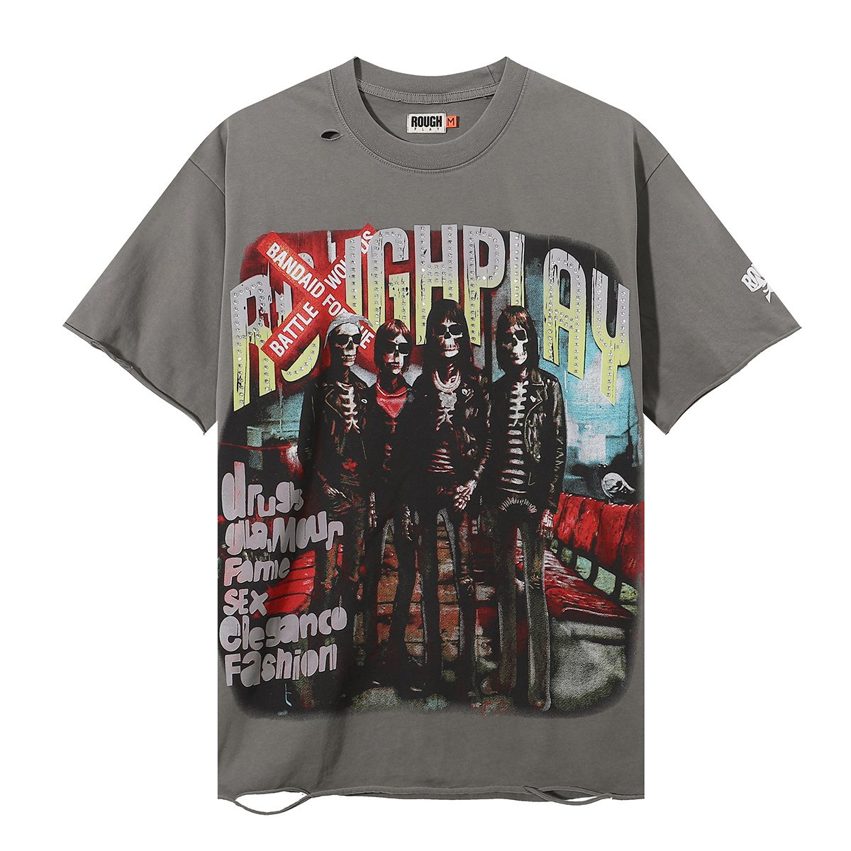 Rough Play Skeleton Rhinestone Distressed T-Shirt ¡ª front