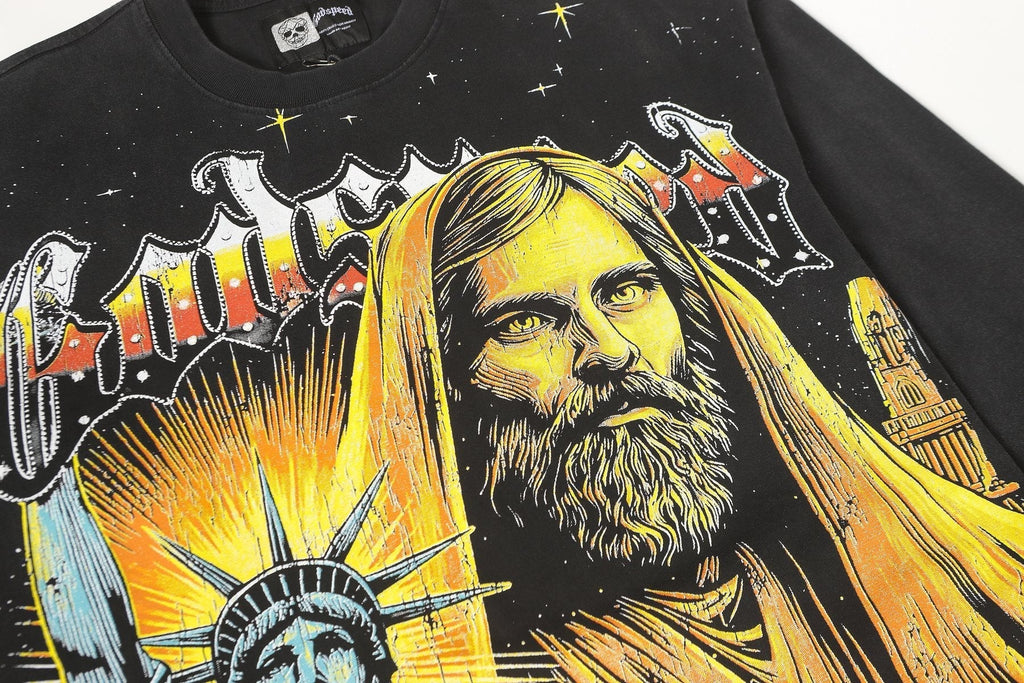 Godspeed Out of Many One Washed Black Long-Sleeve Graphic T-Shirt ¡ª detail