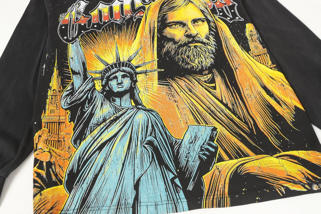 Godspeed Out of Many One Washed Black Long-Sleeve Graphic T-Shirt ¡ª detail