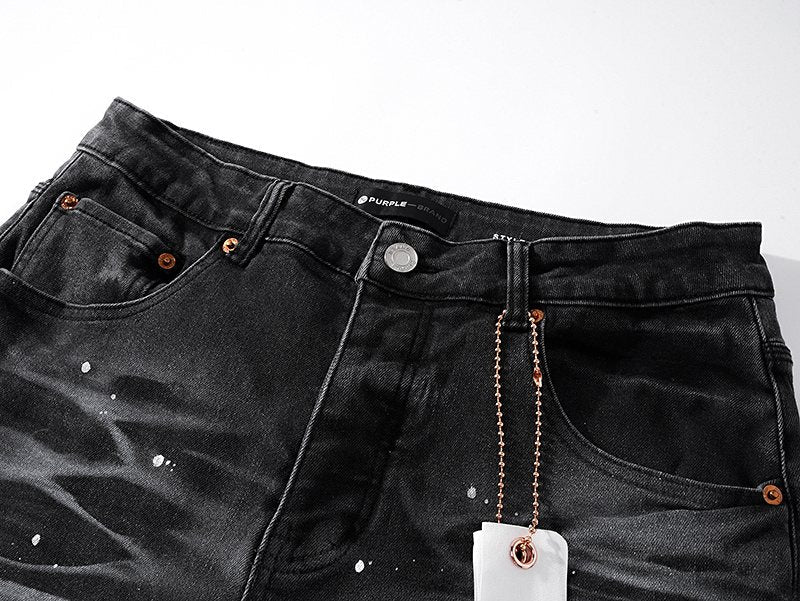 Purple Brand Paint Splatter Waxed-Look Black Jeans ¡ª detail