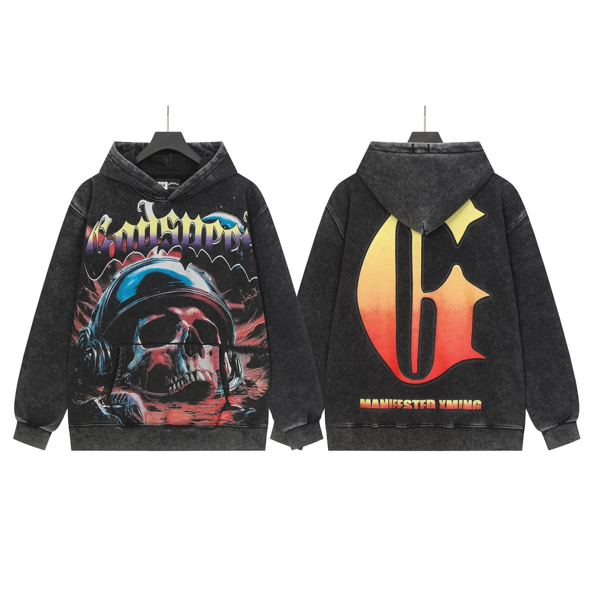 Godspeed Skull Graphic Acid Wash Hoodie ¡ª front