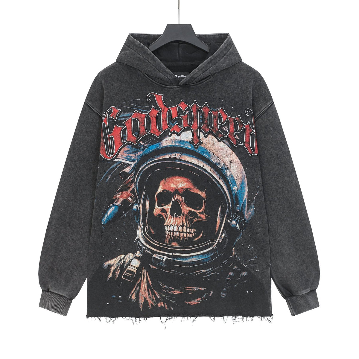 Godspeed Astronaut Skull Graphic Washed Raw Hem Hoodie ¡ª front