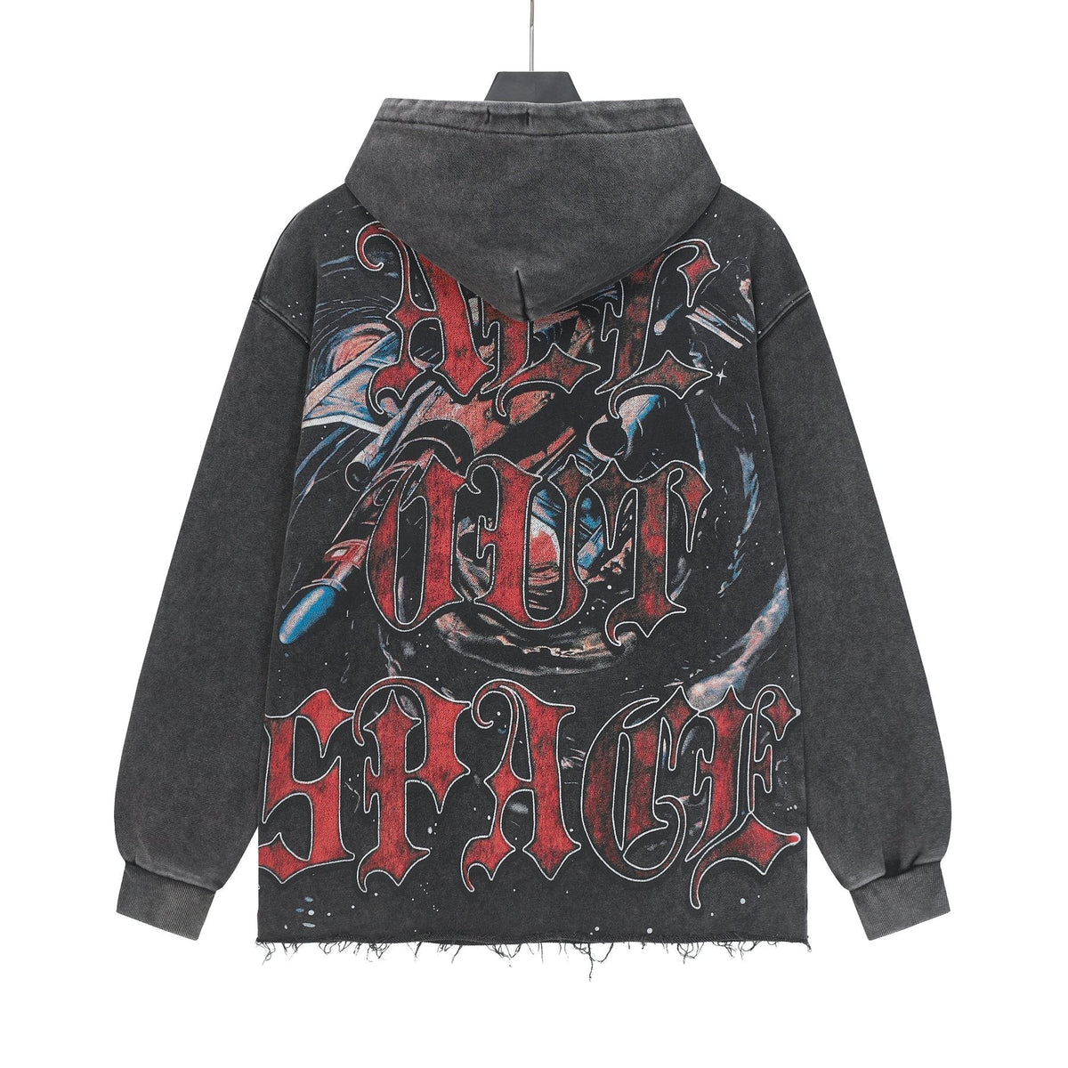 Godspeed Astronaut Skull Graphic Washed Raw Hem Hoodie ¡ª back