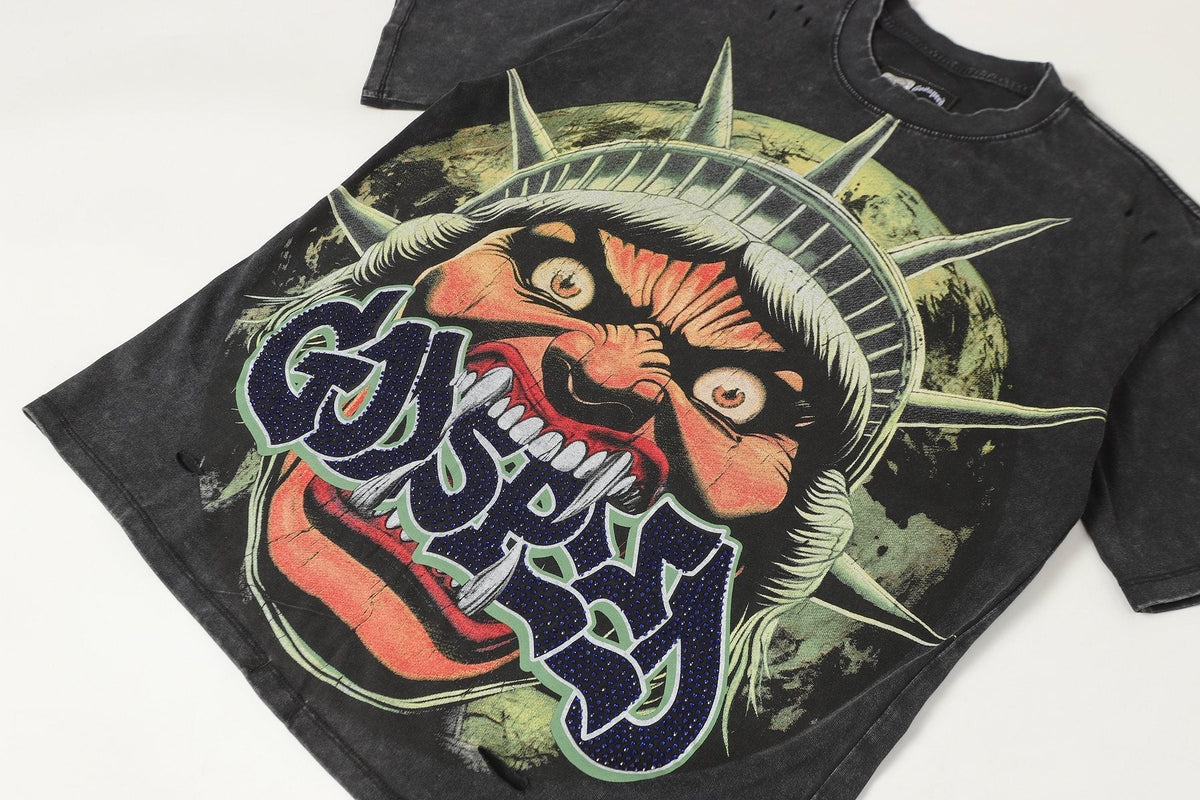 Godspeed Distressed Rhinestone Graphic T-Shirt ¡ª detail