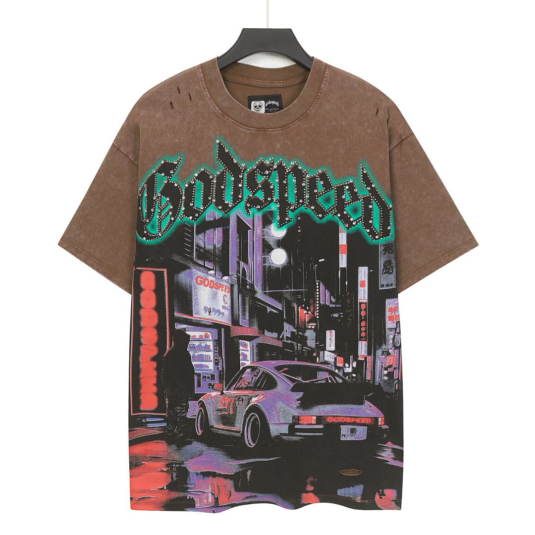 Godspeed City Car Rhinestone Graphic T-Shirt ¡ª front