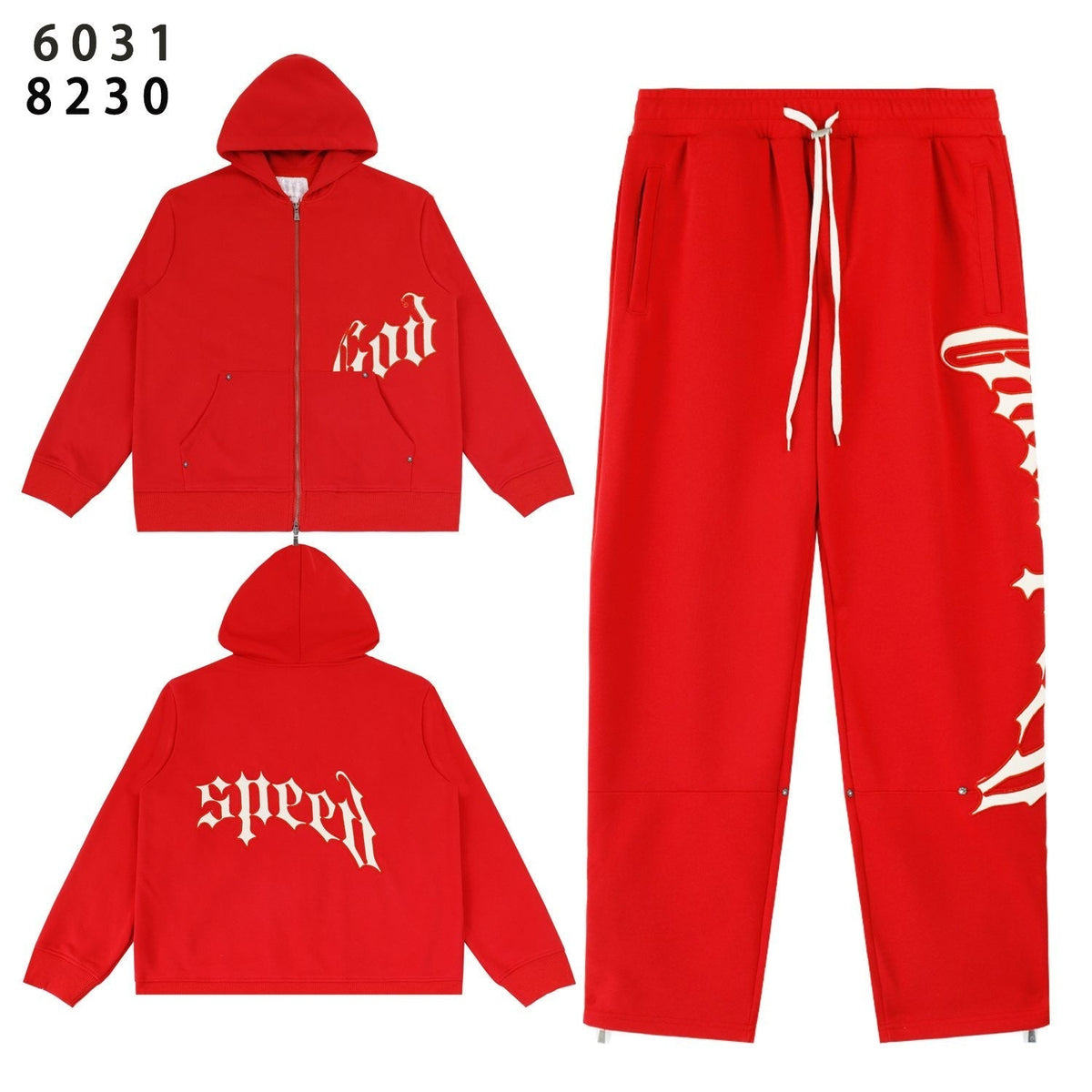 Godspeed Red Gothic Print Zip Hoodie Tracksuit Set ¡ª front
