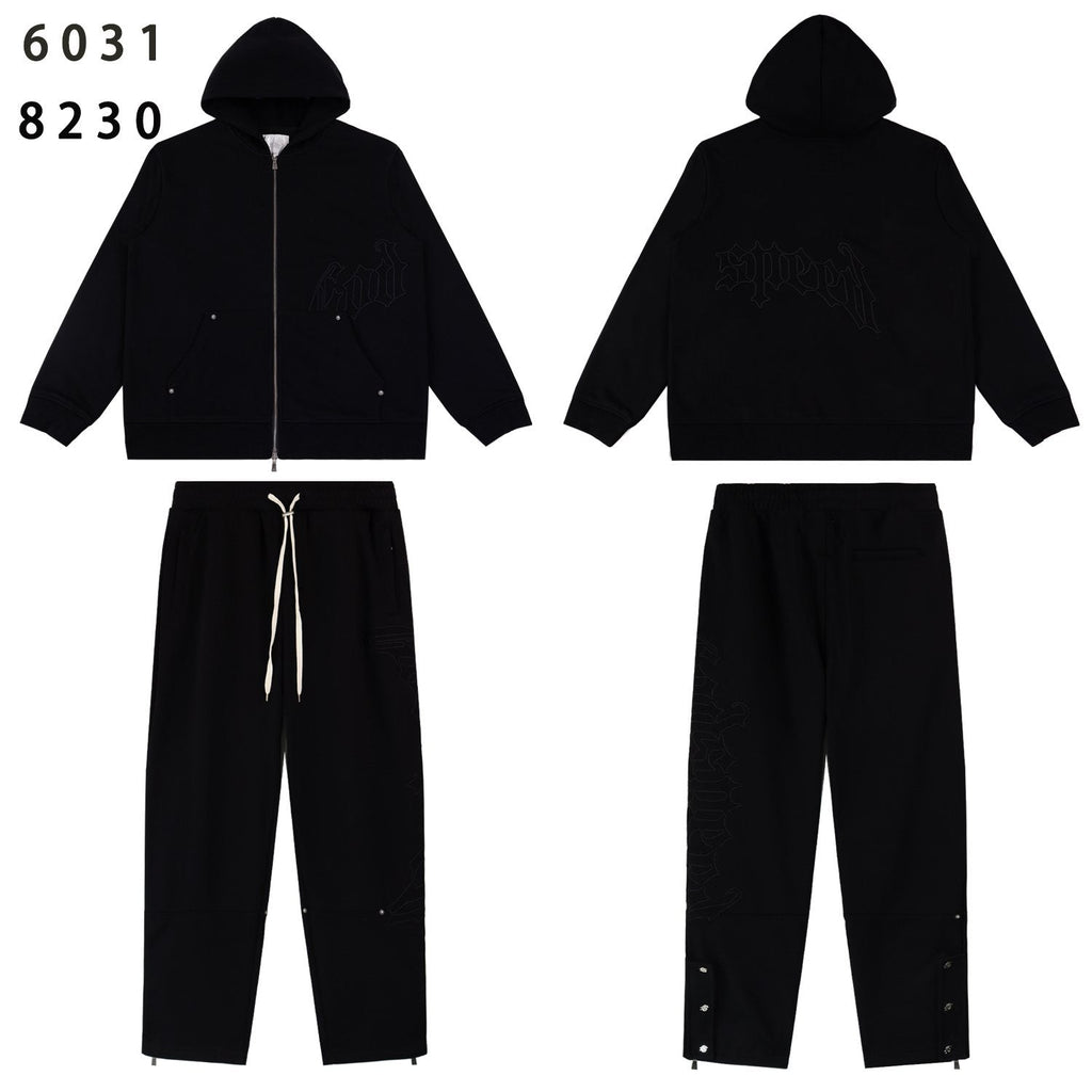 Godspeed Tonal Black Gothic Zip Hoodie Tracksuit Set ¡ª front