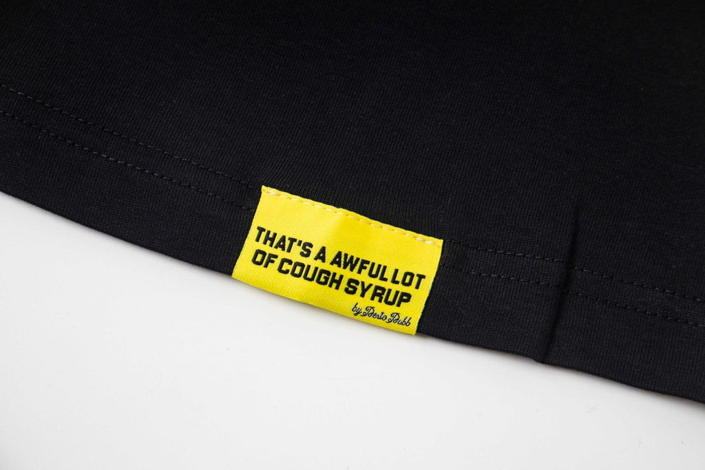 THAT'S A AWFUL LOT OF COUGH SYRUP Black Back-Print Short-Sleeve T-Shirt ¡ª fabric_closeup