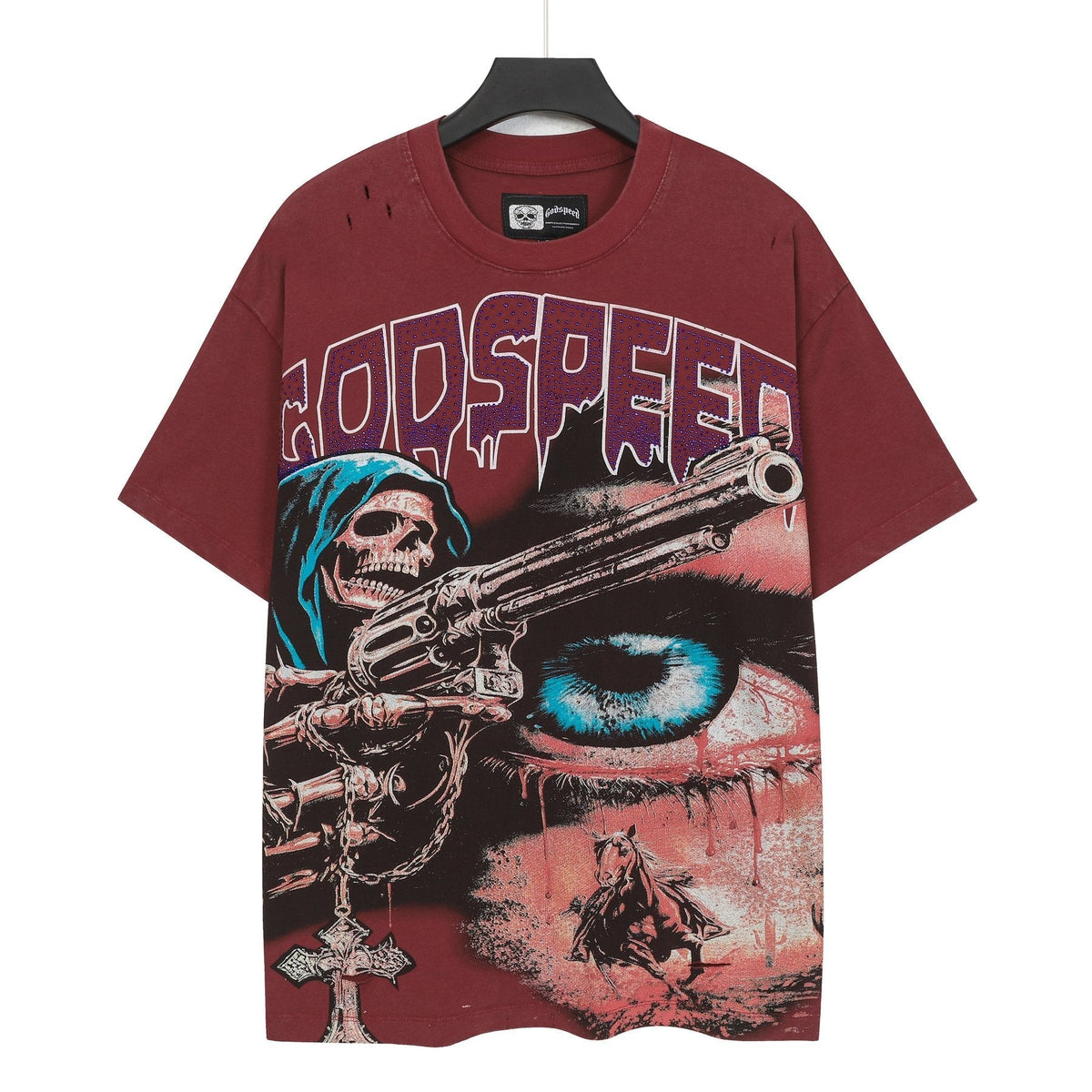 Godspeed Distressed Rhinestone Graphic T-Shirt ¡ª front