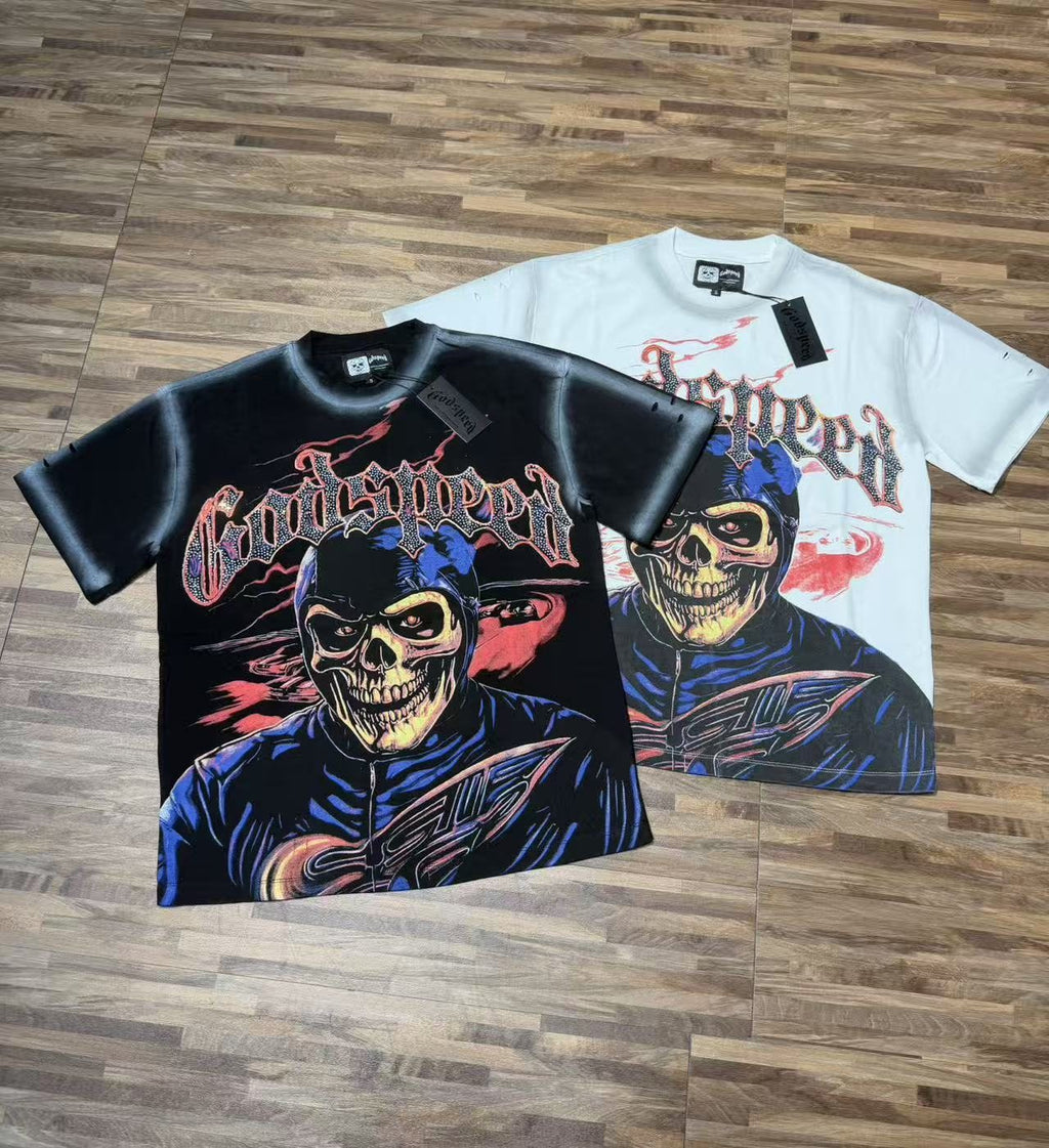 Godspeed Skull Graphic Distressed Sleeve T-Shirt ¡ª context