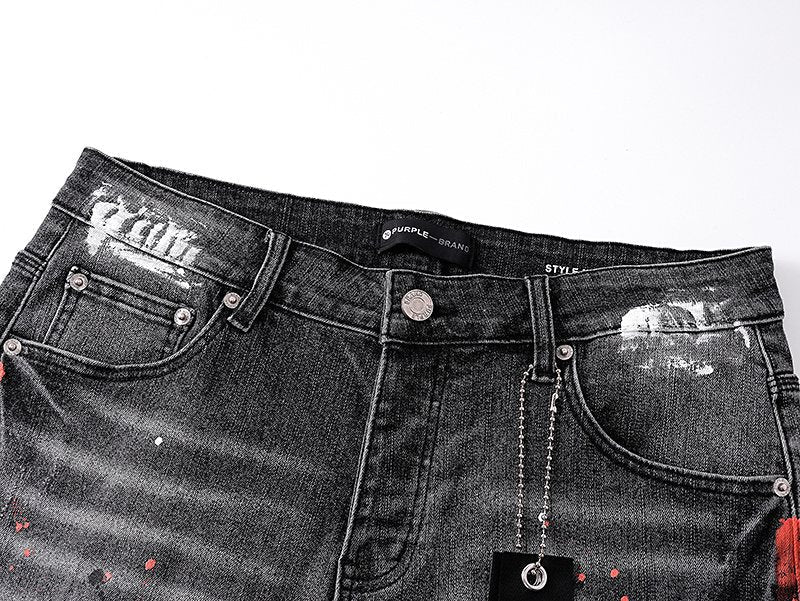 Purple Brand Paint-Splatter Distressed Denim Shorts - Black ¡ª detail