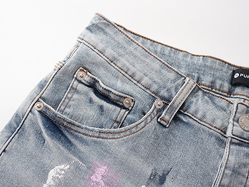 Purple Brand Light Blue Paint-Splatter Denim Shorts ¡ª detail