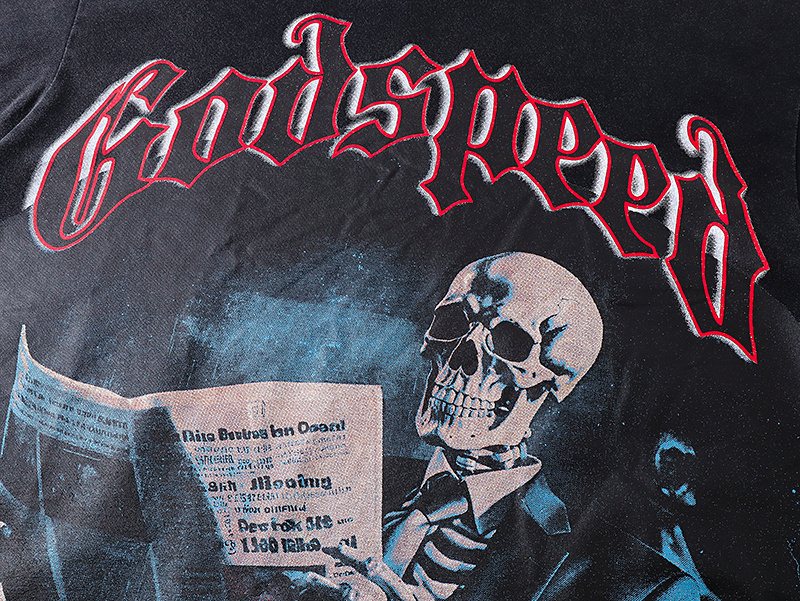 Godspeed Washed Black Skull Newspaper Graphic Short-Sleeve T-Shirt ¡ª detail