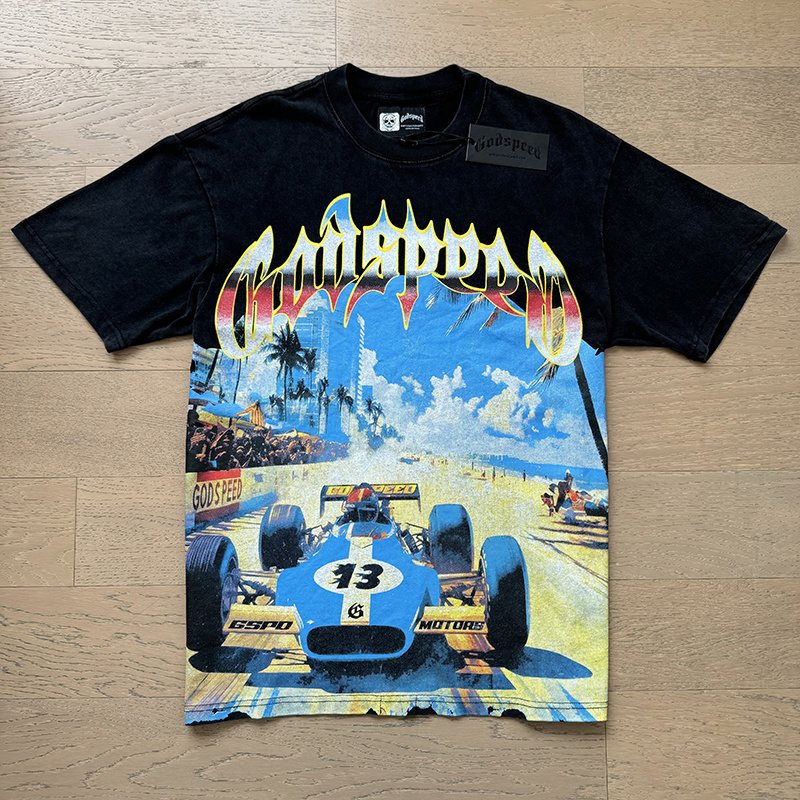 Godspeed Washed Black Racing Graphic T-Shirt ¡ª front