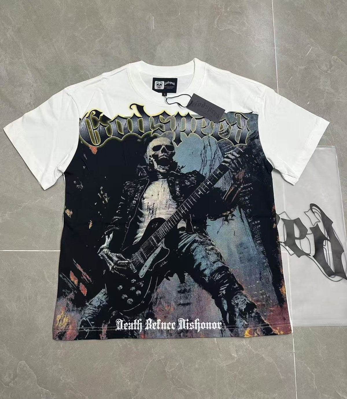 Godspeed Death Before Dishonor Skeleton Guitar Short-Sleeve T-Shirt ¡ª front