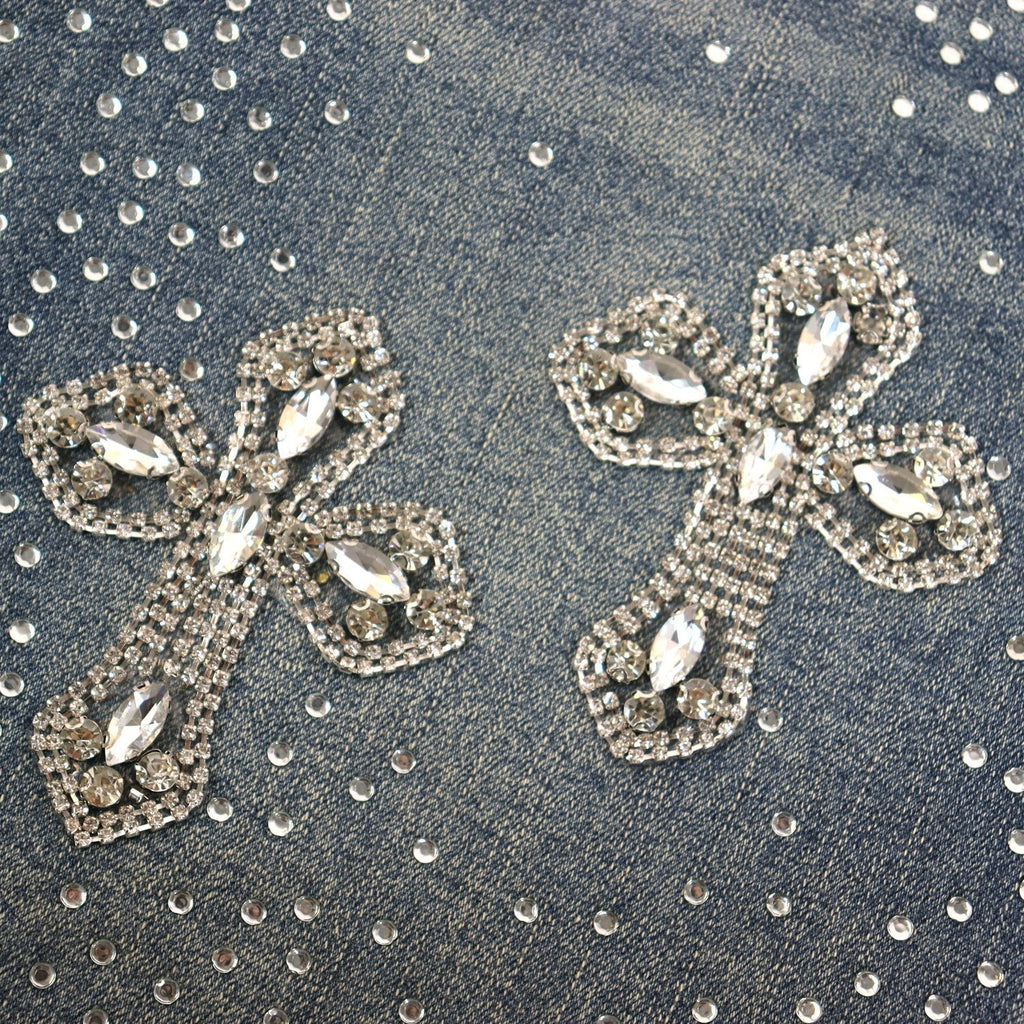 PURPLE Rhinestone Bow Cross Denim Shorts ¡ª detail