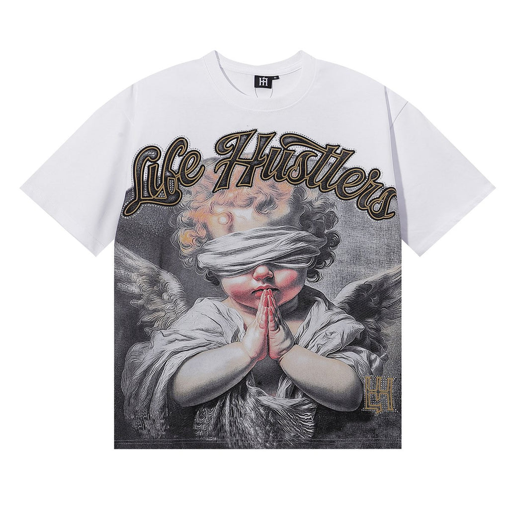 Life Hustlere Praying Angel Rhinestone Graphic T-Shirt ¡ª front