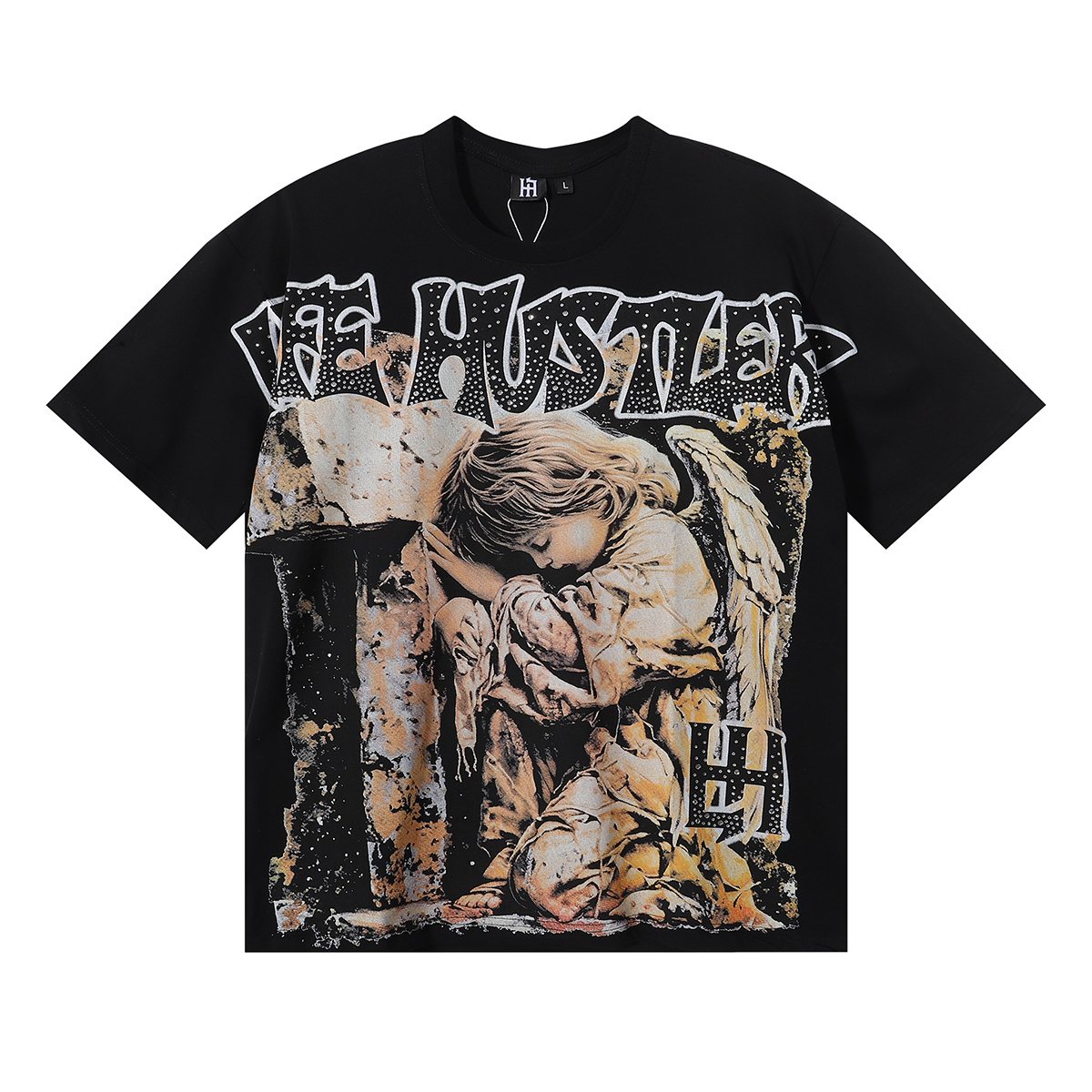 Life Hustlere Praying Angel Rhinestone Graphic T-Shirt ¡ª front