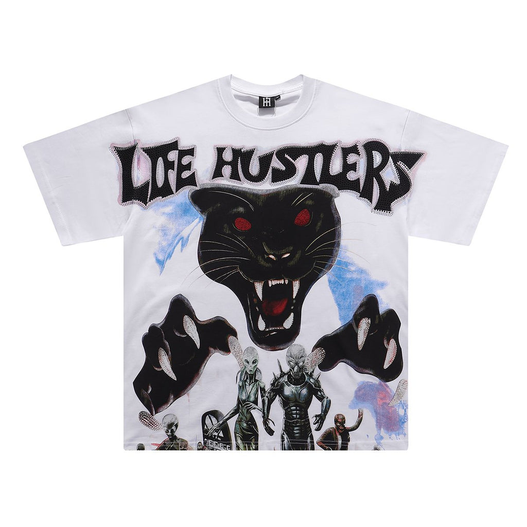 Life Hustlere Rhinestone Panther Graphic T-Shirt ¡ª front