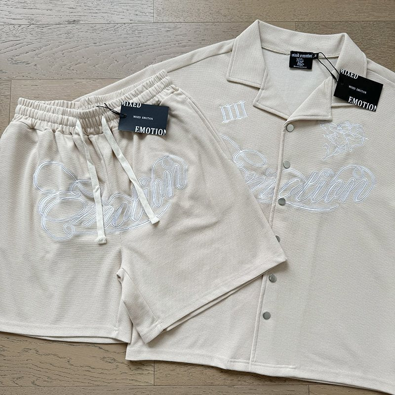 MIXED EMOTION Waffle-Knit Embroidered Shirt & Shorts Set ¡ª front