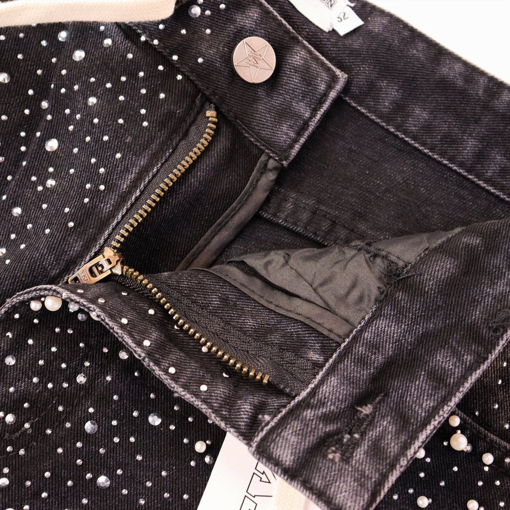 VALE Pearl-Studded Washed Denim Shorts ¡ª detail