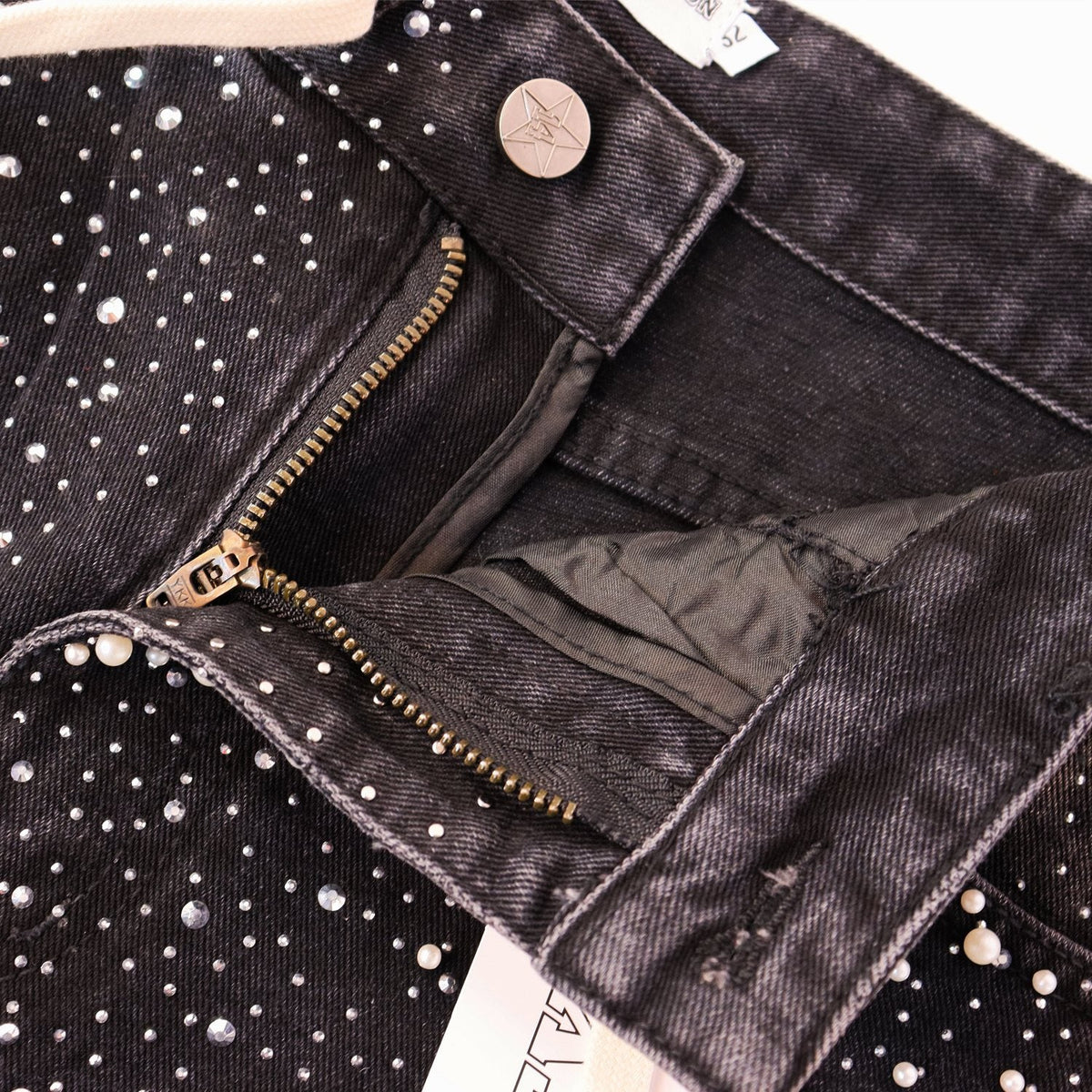VALE Pearl-Studded Washed Denim Shorts ¡ª detail