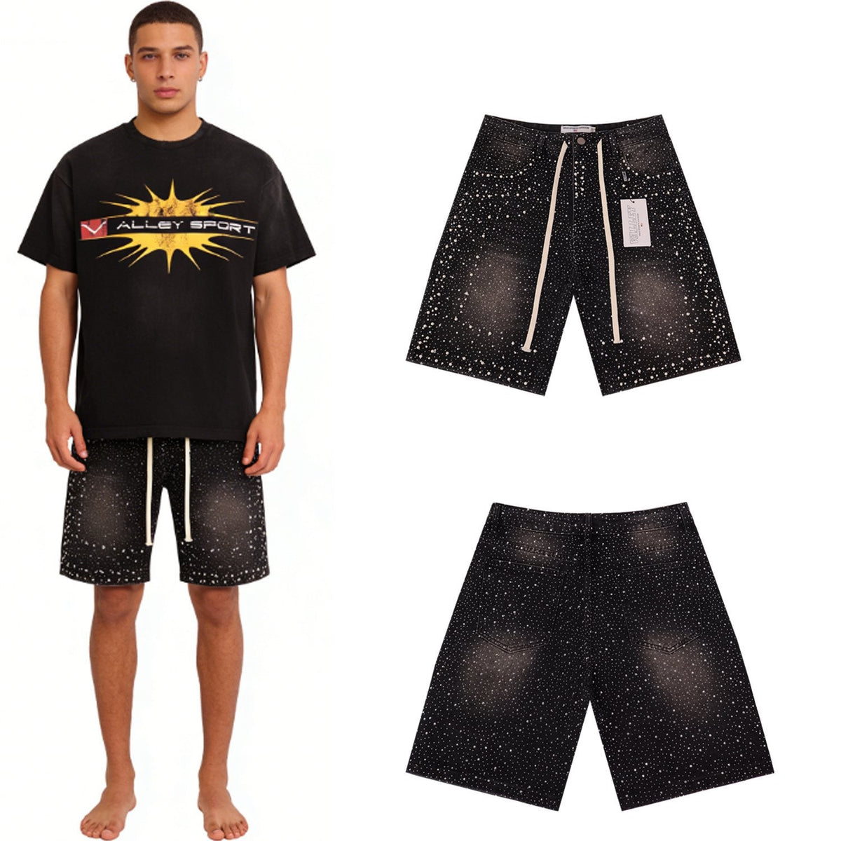 VALE Pearl-Studded Washed Denim Shorts ¡ª context