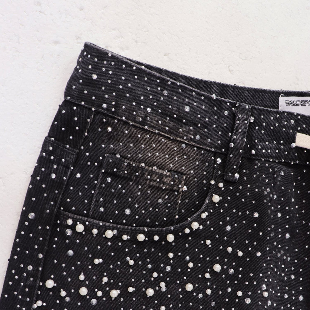 VALE Pearl-Studded Washed Denim Shorts ¡ª detail