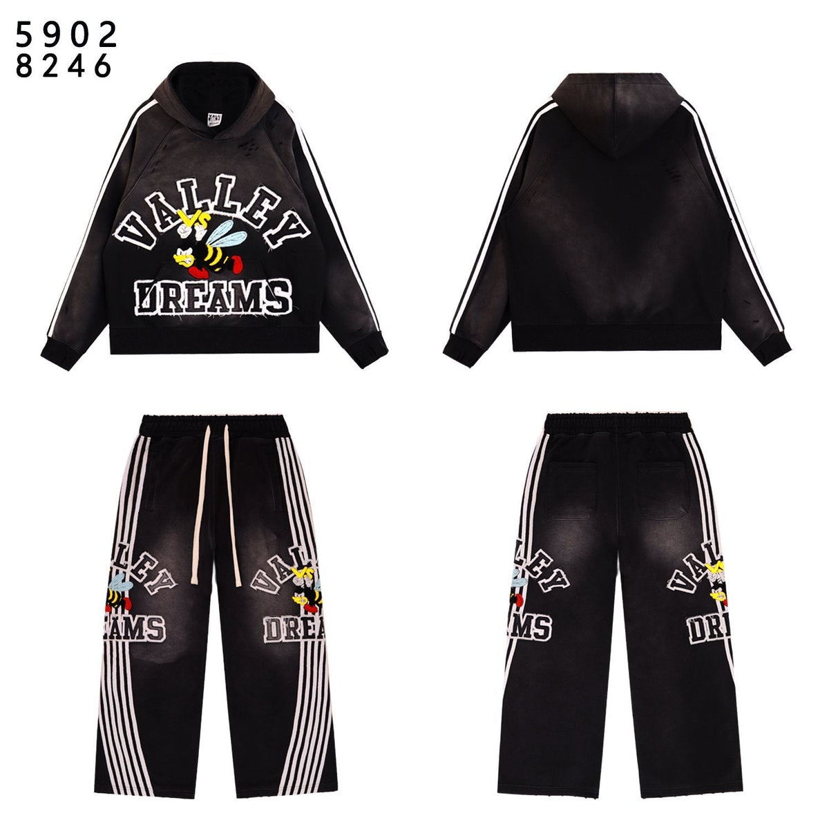 VALE USA Bee Embroidered Striped Hoodie & Sweatpants Set ¡ª front