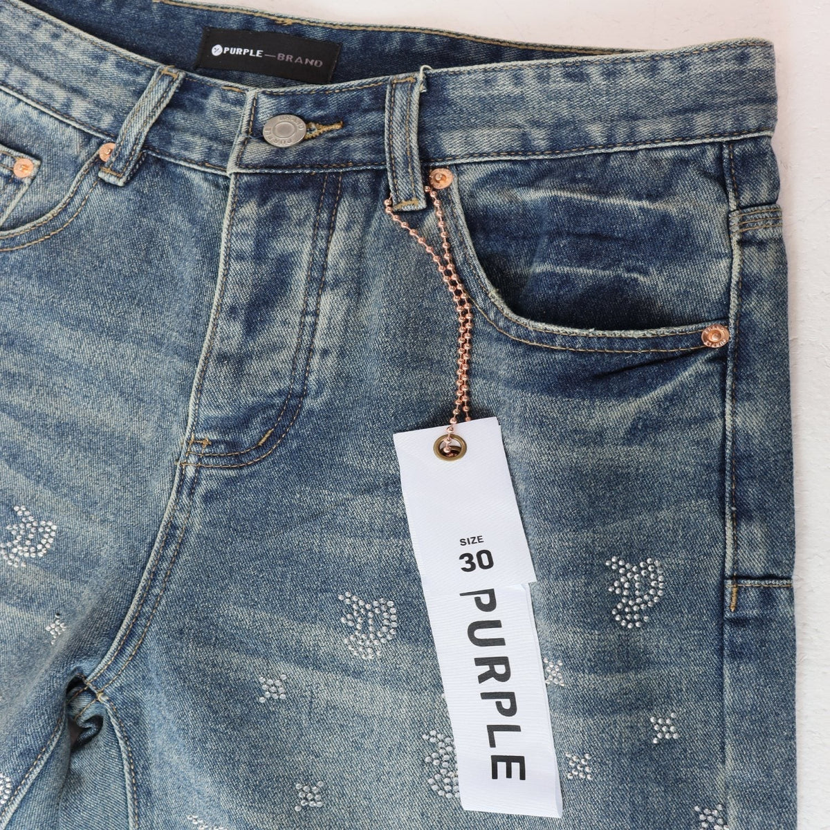 PURPLE Rhinestone Raw-Hem Denim Shorts ¡ª detail