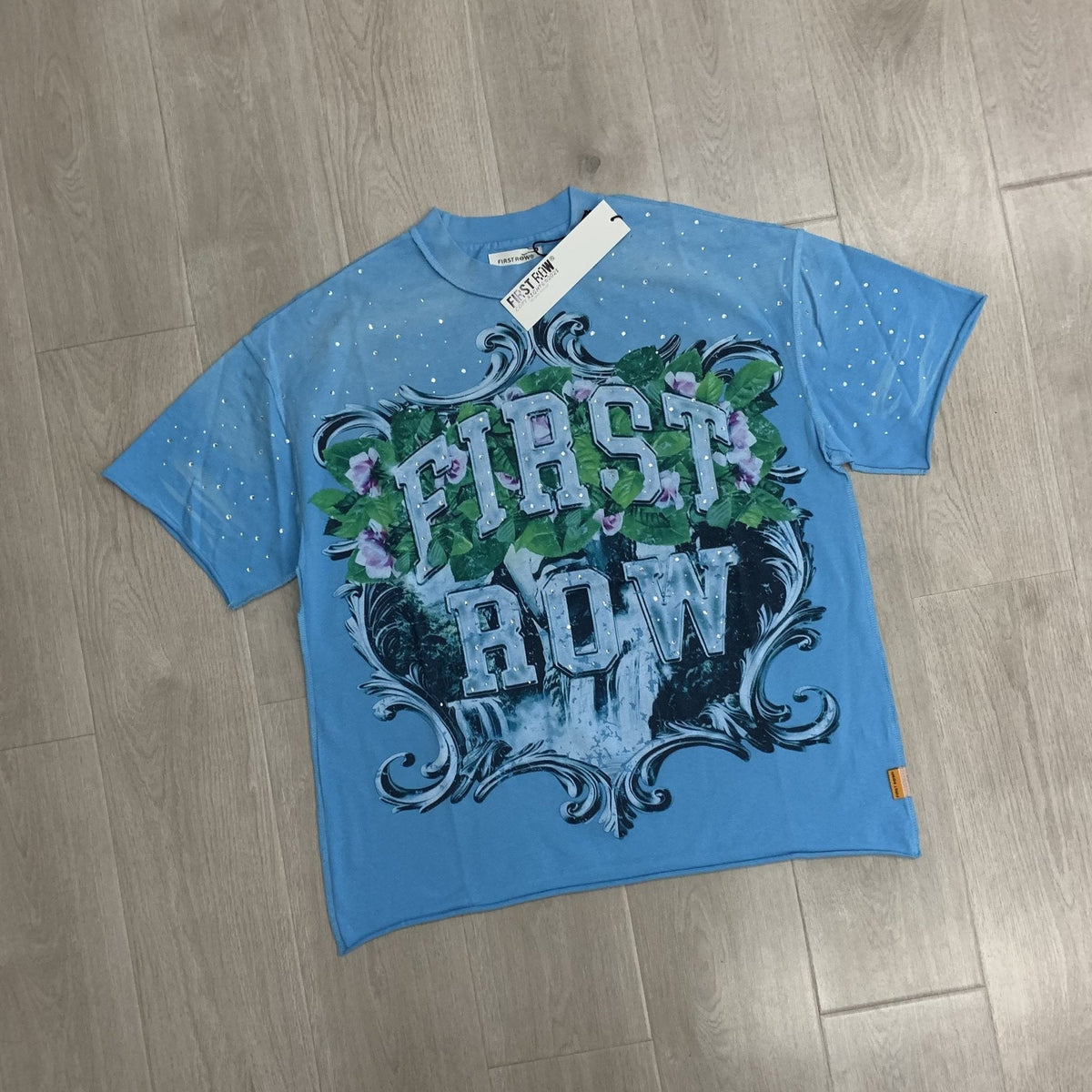 FIRST ROW Sky Blue Rhinestone Front & Back Graphic T-Shirt ¡ª front