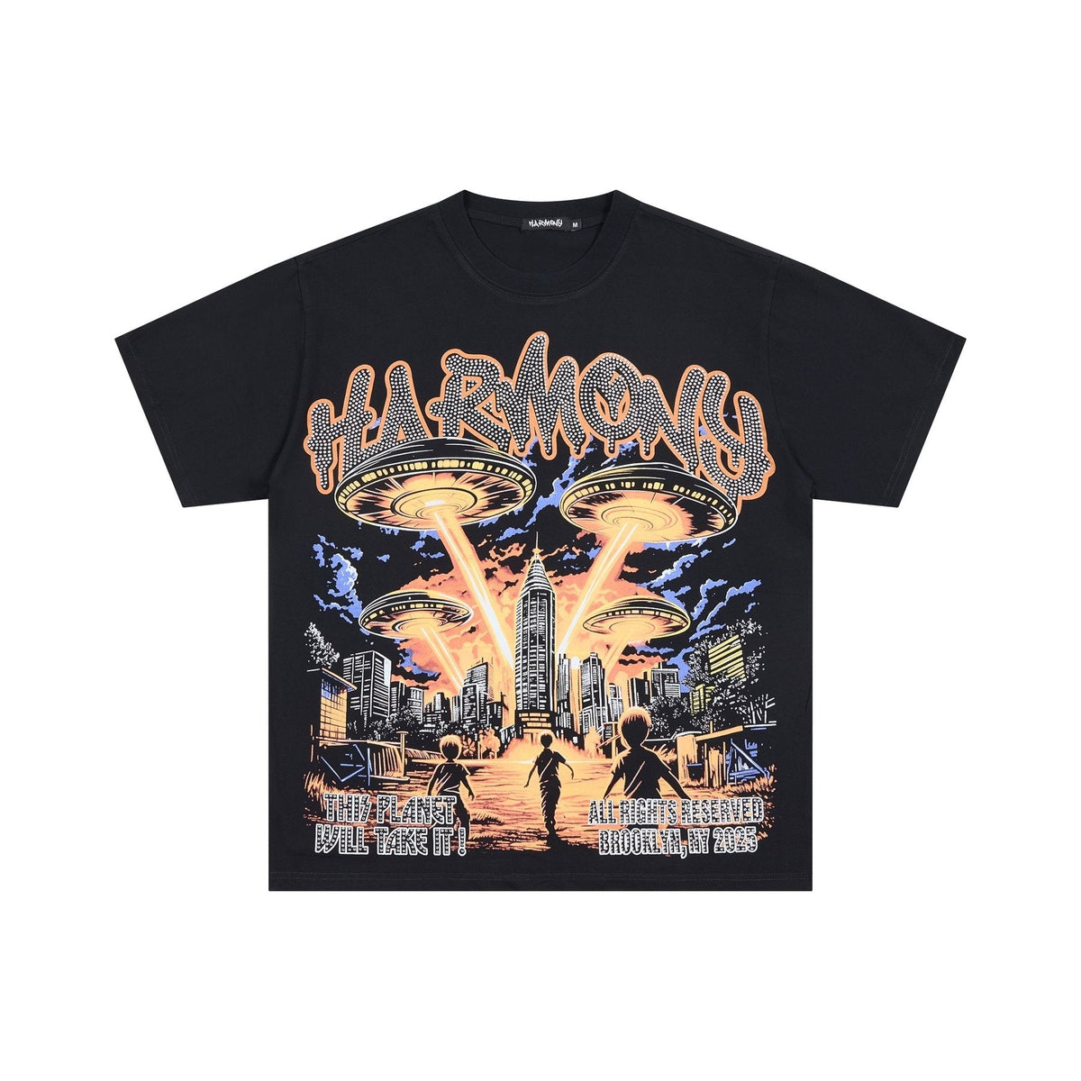 HARMONY UFO City Rhinestone Graphic T-Shirt ¡ª front