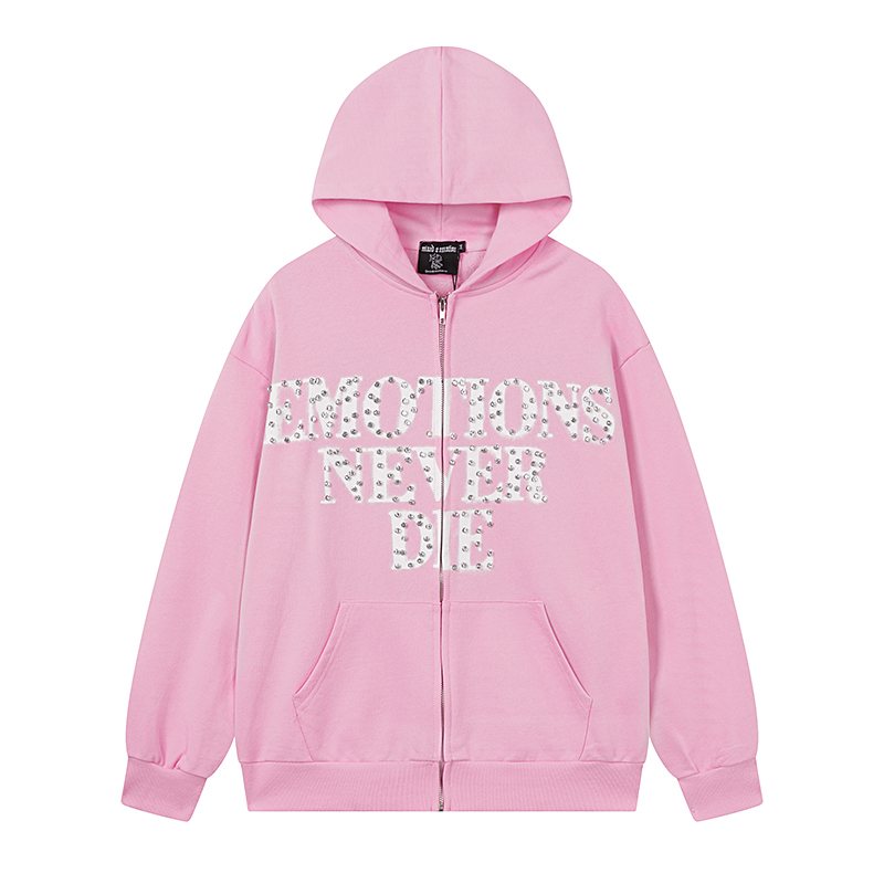 MIXED EMOTION Pink Rhinestone Zip Hoodie ¡ª front