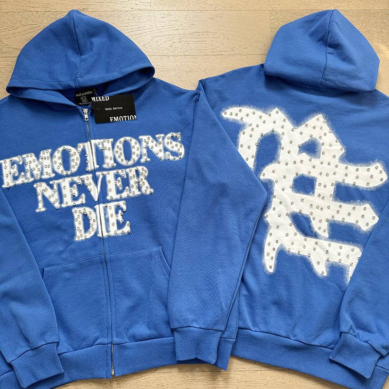 MIXED EMOTION Blue Rhinestone Zip Hoodie ¡ª context