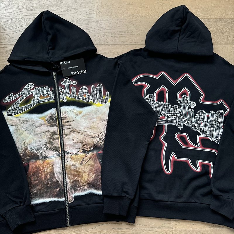 Mixed Emotion Black Zip-Up Graphic Hoodie ¡ª comparison