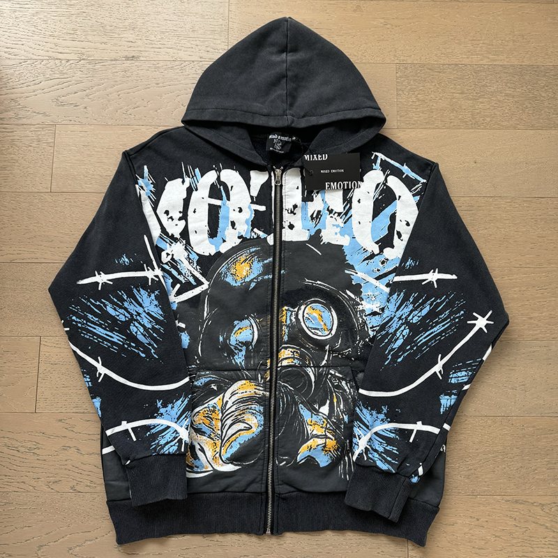 MIXED EMOTION Washed Black Graphic Zip Hoodie ¡ª front