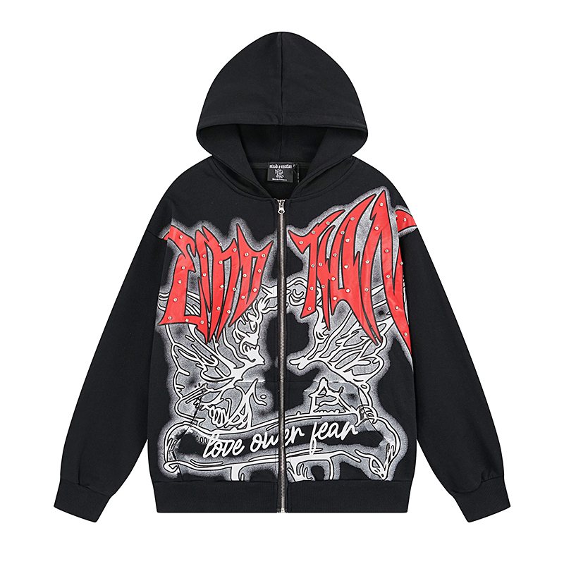 MIXED EMOTION Rhinestone Graphic Full-Zip Hoodie ¡ª front