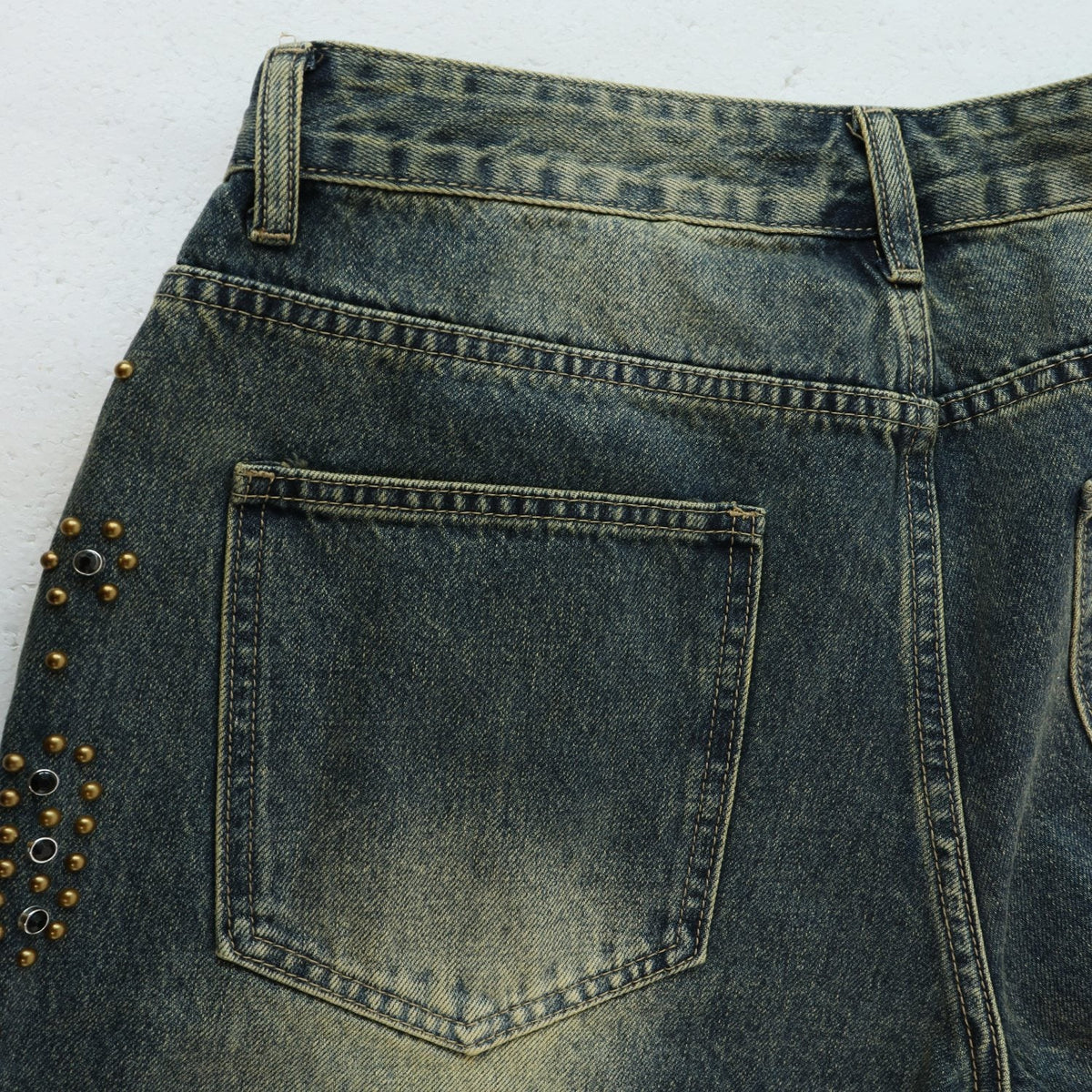 VALLEY Studded Distressed Washed Denim Shorts ¡ª detail
