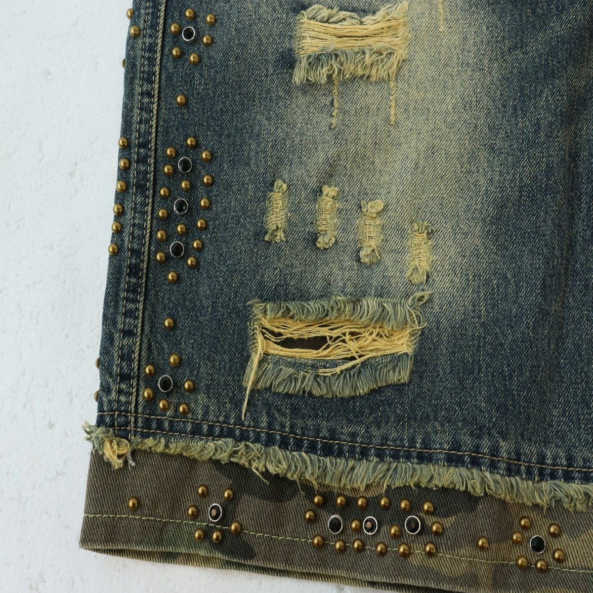 VALLEY Studded Distressed Washed Denim Shorts ¡ª detail