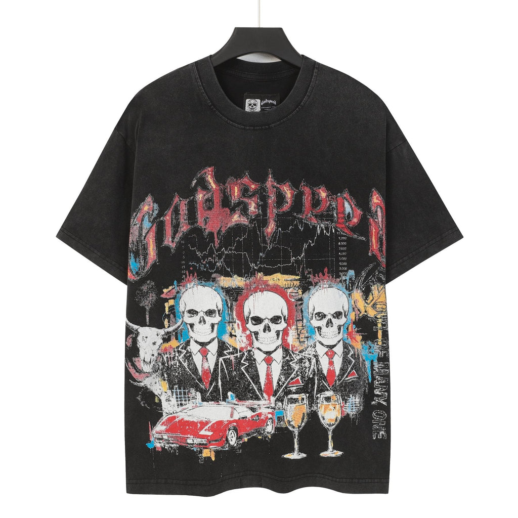 Godspeed Washed Black Skull Car Graphic T-Shirt ¡ª front