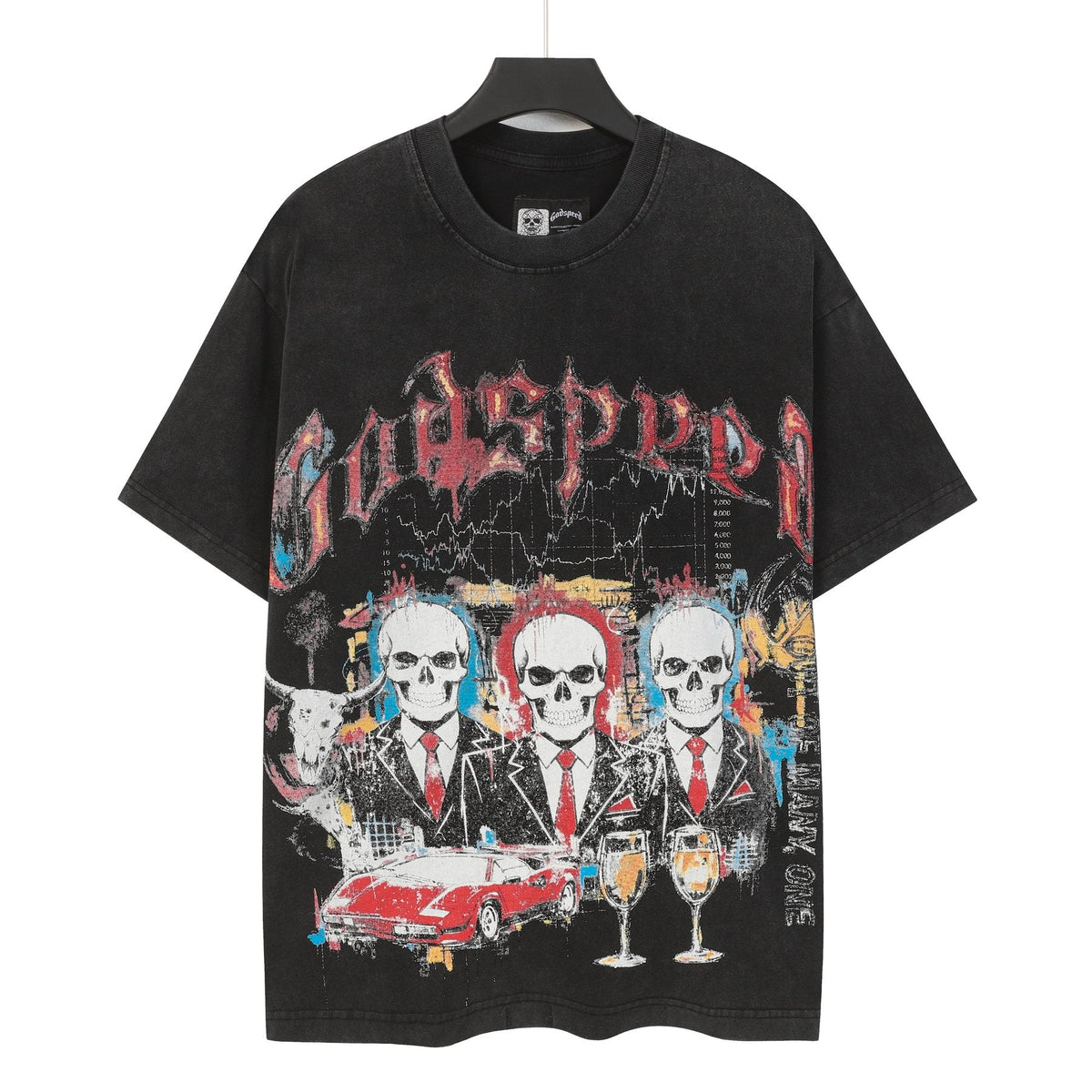 Godspeed Washed Black Skull Car Graphic T-Shirt ¡ª front