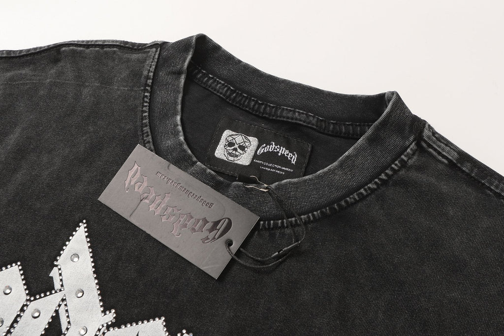 Godspeed Hooded Skull Graphic Studded-Sleeve T-Shirt ¡ª hang_tag