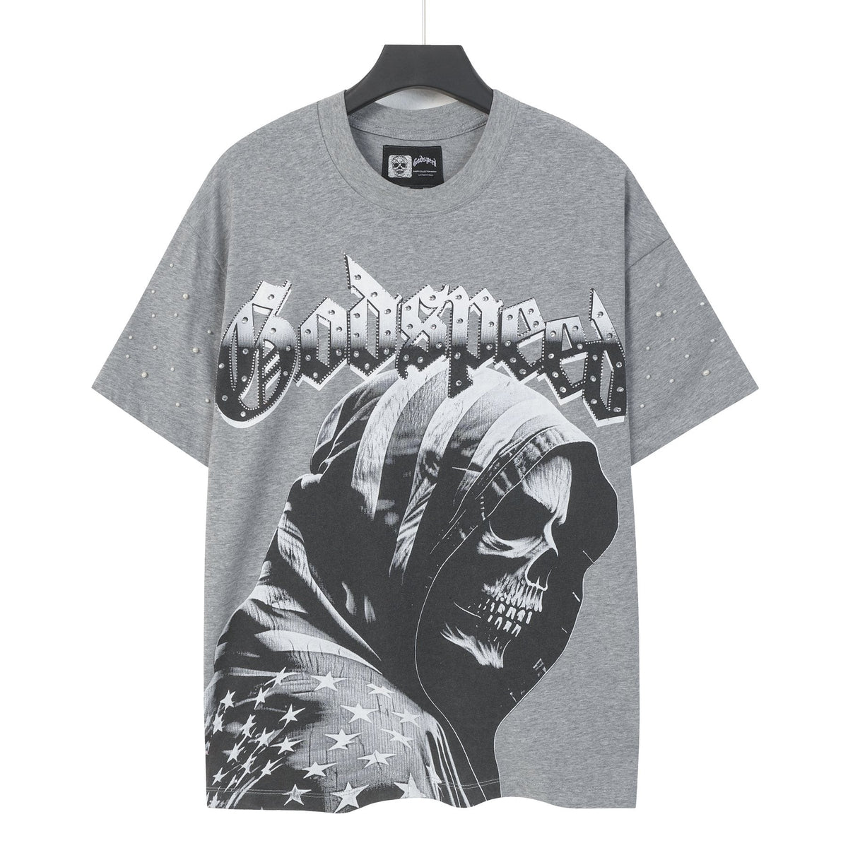 Godspeed Hooded Skull Graphic Studded-Sleeve T-Shirt ¡ª front