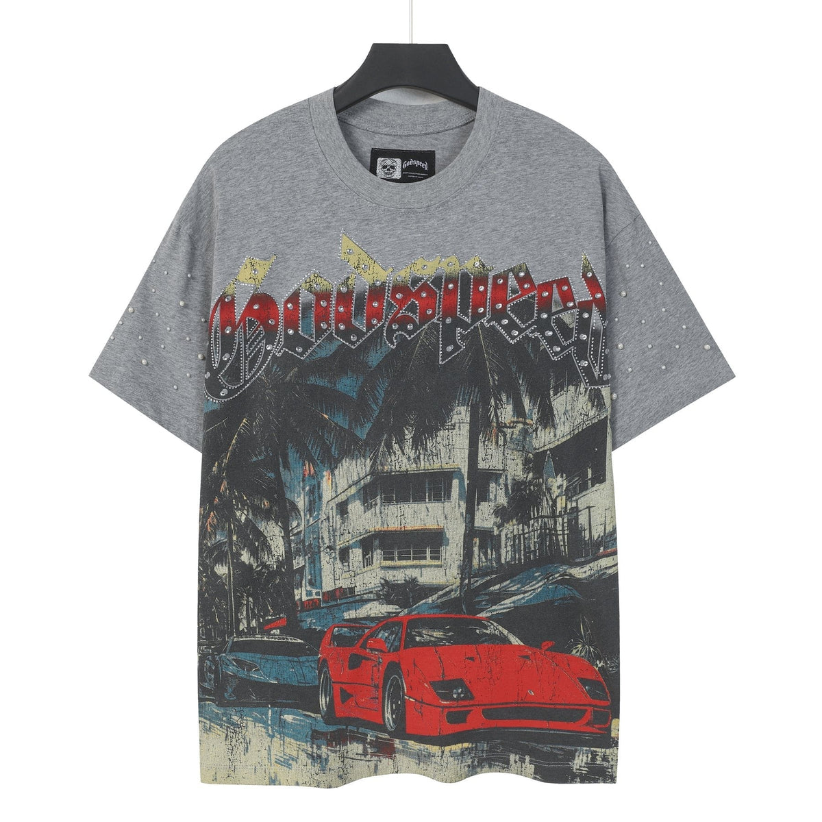 Godspeed Car & Building Graphic Studded-Sleeve T-Shirt ¡ª front