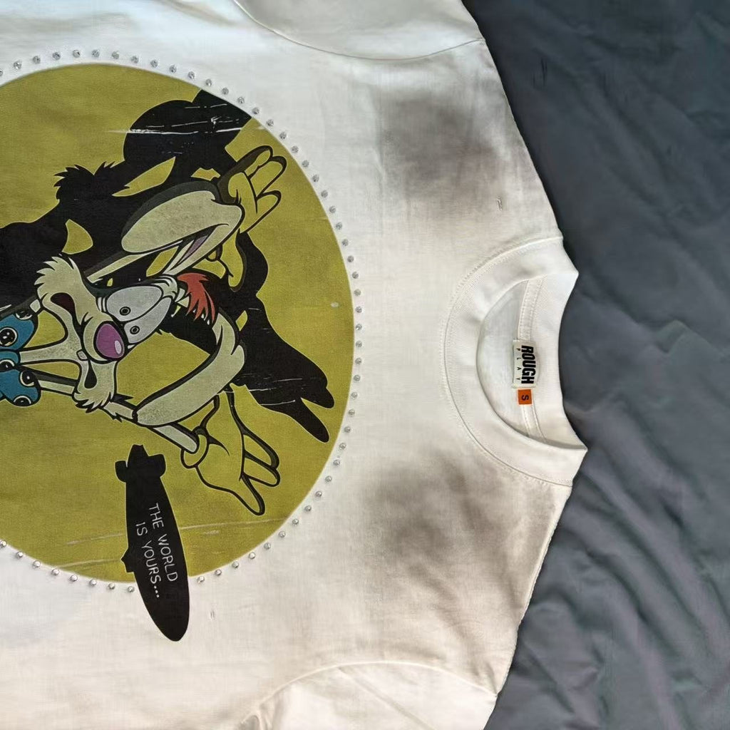 Rough Play Off-White Washed Rhinestone Graphic T-Shirt ¡ª detail