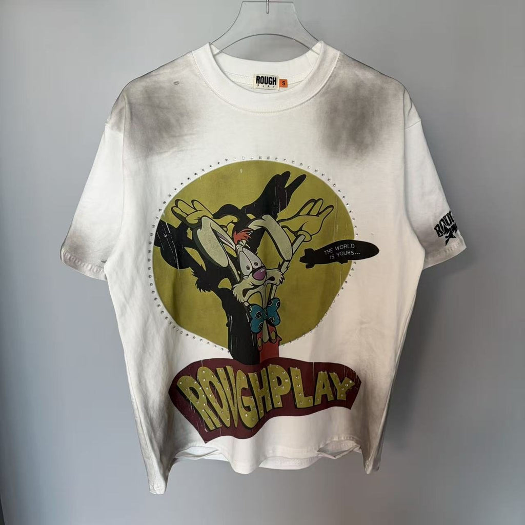 Rough Play Off-White Washed Rhinestone Graphic T-Shirt ¡ª hero