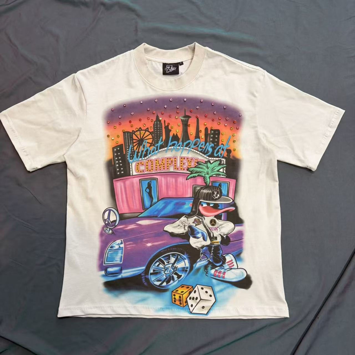 TRIPLE SEVENS Cream Rhinestone Graphic Short-Sleeve T-Shirt ¡ª front
